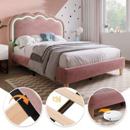 Upholstered Single Bed with LED Adjustable Headboard, Efficient Assembly, Velvet Bed Frame with Wooden Slats, 197L x 101W x 109H cm, Pink - Aosom UK - thumbnail 6