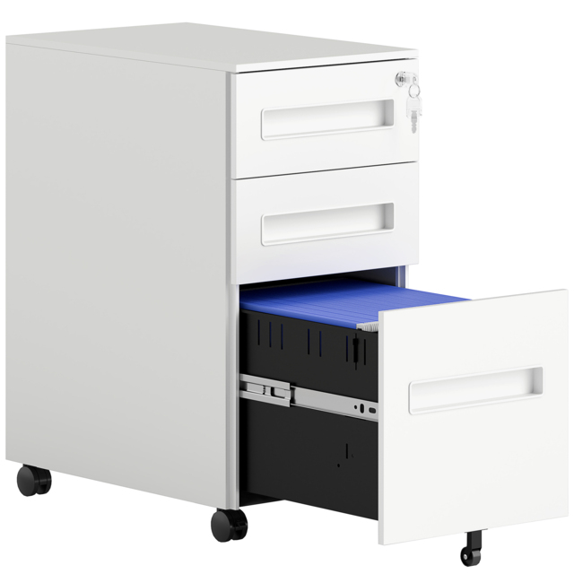 Vinsetto Metal Mobile File Cabinet with Wheels, Lockable 3 Drawer Filing Cabinet for A4, Legal, Letter, Under Desk Office Cabinet with Pre-Assembled Body for Home Office, 30 x 43.5 x 60 cm, White - image 1