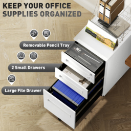 Vinsetto Metal Mobile File Cabinet with Wheels, Lockable 3 Drawer Filing Cabinet for A4, Legal, Letter, Under Desk Office Cabinet with Pre-Assembled Body for Home Office, 30 x 43.5 x 60 cm, White - thumbnail 4