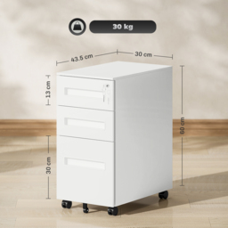 Vinsetto Metal Mobile File Cabinet with Wheels, Lockable 3 Drawer Filing Cabinet for A4, Legal, Letter, Under Desk Office Cabinet with Pre-Assembled Body for Home Office, 30 x 43.5 x 60 cm, White - thumbnail 3