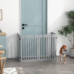 PawHut Wooden Pet Gate Foldable Freestanding Dog Safety Barrier w/ Support Feet, Grey - Aosom UK - thumbnail 2