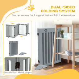 PawHut Wooden Pet Gate Foldable Freestanding Dog Safety Barrier w/ Support Feet, Grey - Aosom UK - thumbnail 4
