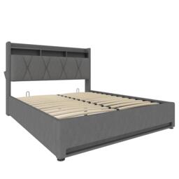 Padded Storage Bed Frame with LED Lighting and USB‑C Charging, Hydraulic Bed with Hidden Storage, 143L x 211W x 116.5H cm, Dark Gray - Aosom UK - thumbnail 9