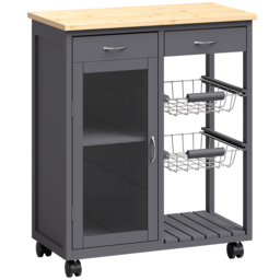 HOMCOM Bamboo Kitchen Island, Rolling Kitchen Trolley with Glass Door, 2 Metal Wire Baskets and Adjustable Shelf, Grey - thumbnail 1