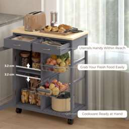 HOMCOM Bamboo Kitchen Island, Rolling Kitchen Trolley with Glass Door, 2 Metal Wire Baskets and Adjustable Shelf, Grey - thumbnail 5