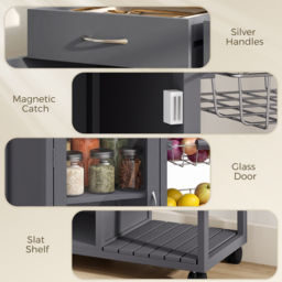 HOMCOM Bamboo Kitchen Island, Rolling Kitchen Trolley with Glass Door, 2 Metal Wire Baskets and Adjustable Shelf, Grey - thumbnail 7