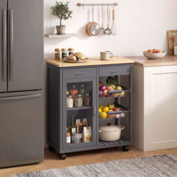 HOMCOM Bamboo Kitchen Island, Rolling Kitchen Trolley with Glass Door, 2 Metal Wire Baskets and Adjustable Shelf, Grey - thumbnail 9