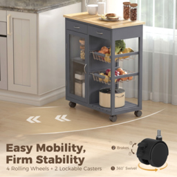 HOMCOM Bamboo Kitchen Island, Rolling Kitchen Trolley with Glass Door, 2 Metal Wire Baskets and Adjustable Shelf, Grey - thumbnail 6