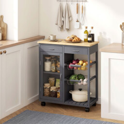 HOMCOM Bamboo Kitchen Island, Rolling Kitchen Trolley with Glass Door, 2 Metal Wire Baskets and Adjustable Shelf, Grey - thumbnail 8