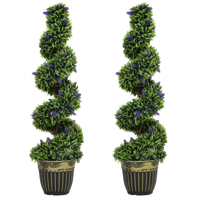 HOMCOM Set of 2 Decorative Artificial Plants, Boxwood Spiral Topiary Tree with Lavender and Pot, Fake Plants for Home Indoor Outdoor Decor, 115cm - image 1