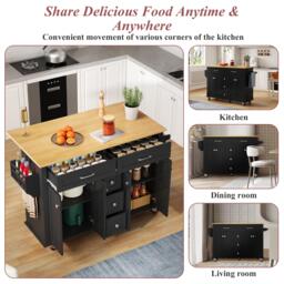 Versatile Kitchen Trolley with Extendable Worktop and 5 Drawers, Sturdy Buffet with Lockable Castors, 140L x 65W x 89H cm, Black+Natural - Aosom UK - thumbnail 6