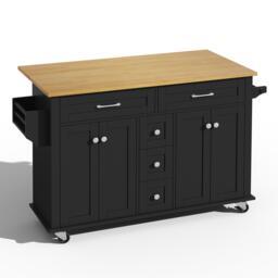 Versatile Kitchen Trolley with Extendable Worktop and 5 Drawers, Sturdy Buffet with Lockable Castors, 140L x 65W x 89H cm, Black+Natural - Aosom UK - thumbnail 2