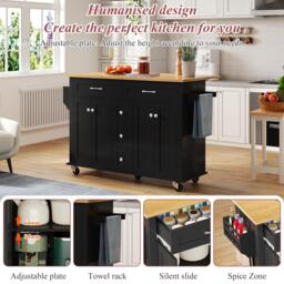 Versatile Kitchen Trolley with Extendable Worktop and 5 Drawers, Sturdy Buffet with Lockable Castors, 140L x 65W x 89H cm, Black+Natural - Aosom UK - thumbnail 4