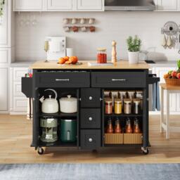 Versatile Kitchen Trolley with Extendable Worktop and 5 Drawers, Sturdy Buffet with Lockable Castors, 140L x 65W x 89H cm, Black+Natural - Aosom UK - thumbnail 1