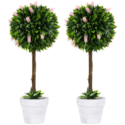 HOMCOM Set of 2 Decorative Artificial Plants Ball Trees with Flower for Home Indoor Outdoor Decor, 60cm ,Pink - thumbnail 1