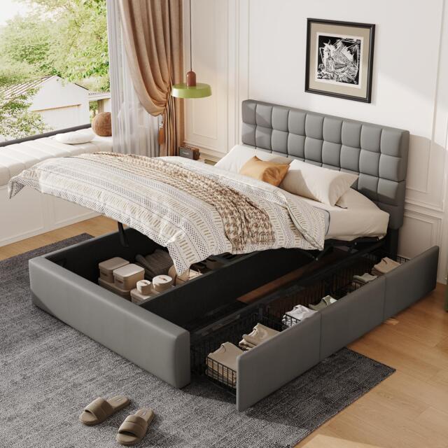 Elegant Upholstered Bed with Hydraulic Lift, Sturdy Storage Bed with 3 Storage Drawers, 202L x 148W x 100H cm, Grey - Aosom UK - image 1