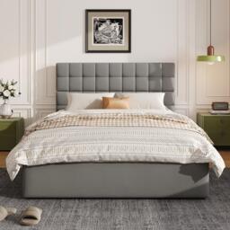 Elegant Upholstered Bed with Hydraulic Lift, Sturdy Storage Bed with 3 Storage Drawers, 202L x 148W x 100H cm, Grey - Aosom UK - thumbnail 6