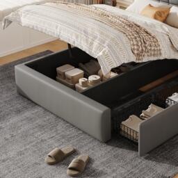 Elegant Upholstered Bed with Hydraulic Lift, Sturdy Storage Bed with 3 Storage Drawers, 202L x 148W x 100H cm, Grey - Aosom UK - thumbnail 9