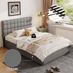 Elegant Upholstered Bed with Hydraulic Lift, Sturdy Storage Bed with 3 Storage Drawers, 202L x 148W x 100H cm, Grey - Aosom UK - thumbnail 5