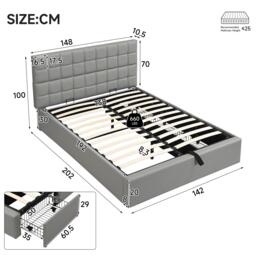 Elegant Upholstered Bed with Hydraulic Lift, Sturdy Storage Bed with 3 Storage Drawers, 202L x 148W x 100H cm, Grey - Aosom UK - thumbnail 3