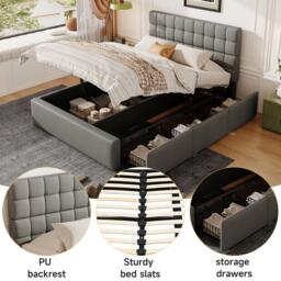 Elegant Upholstered Bed with Hydraulic Lift, Sturdy Storage Bed with 3 Storage Drawers, 202L x 148W x 100H cm, Grey - Aosom UK - thumbnail 4