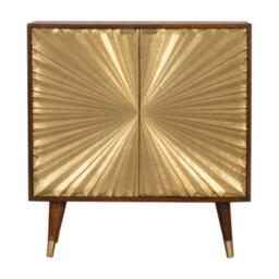 Solid Mango Wood Bedside Cabinet with Brass-Plated Doors, Clear Natural Finish, Cupboard for Living Room, 35L x 75W x 80H cm, Brown - Aosom UK - thumbnail 2