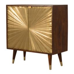 Solid Mango Wood Bedside Cabinet with Brass-Plated Doors, Clear Natural Finish, Cupboard for Living Room, 35L x 75W x 80H cm, Brown - Aosom UK - thumbnail 6
