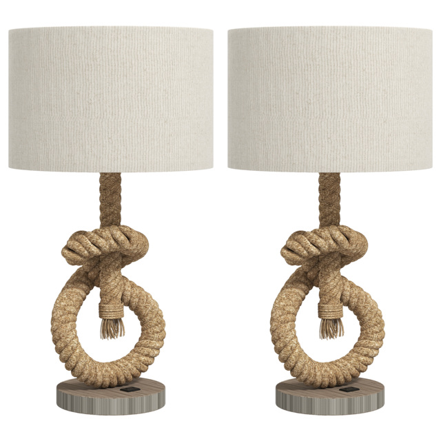 HOMCOM Nautical Table Lamps Set of 2 with USB Charging Port, Bedside Lamps for Bedroom Living Room, Warm White LED Bulb Included, with Hemp Rope, Natural - image 1