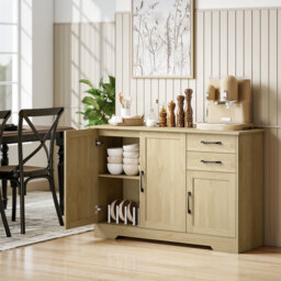 HOMCOM Sideboard with 2 Drawers Modern Storage Cabinet, Kitchen Cupboard with Adjustable Shelf and 3 Doors Natural - thumbnail 2