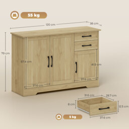 HOMCOM Sideboard with 2 Drawers Modern Storage Cabinet, Kitchen Cupboard with Adjustable Shelf and 3 Doors Natural - thumbnail 3