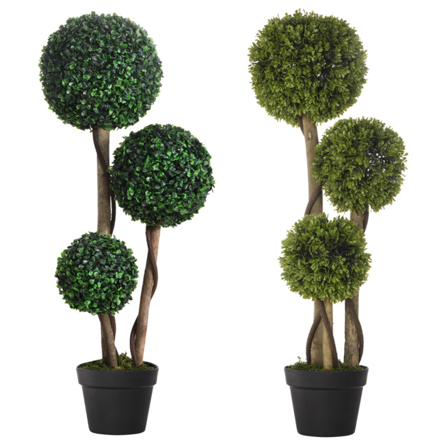 HOMCOM Decorative Artificial Plants Set of 2, Boxwood Ball Topiary Trees in Pot Fake Plants for Home Indoor Outdoor Decor, 90 cm, Dark Green - image 1
