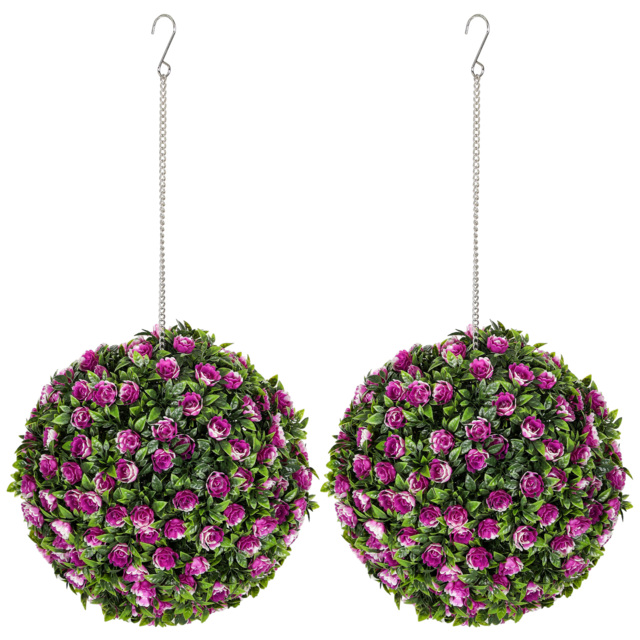HOMCOM Set of 2 Decorative Artificial Plants, UV-protected Artificial Plant Topiary Rose Balls for Home Indoor outdoor Decor, 28cm, Purple - image 1
