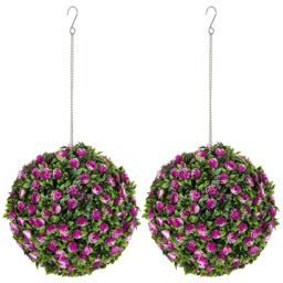 HOMCOM Set of 2 Decorative Artificial Plants, UV-protected Artificial Plant Topiary Rose Balls for Home Indoor outdoor Decor, 28cm, Purple - thumbnail 1