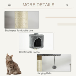PawHut Multi-Level Cat Tree, Kitten Activity Tower, Condo, Indoor Play House with Scratching Post, Hanging Balls, Light Grey - Aosom UK - thumbnail 6