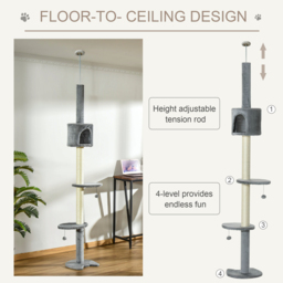 PawHut Multi-Level Cat Tree, Kitten Activity Tower, Condo, Indoor Play House with Scratching Post, Hanging Balls, Light Grey - Aosom UK - thumbnail 5