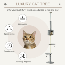 PawHut Multi-Level Cat Tree, Kitten Activity Tower, Condo, Indoor Play House with Scratching Post, Hanging Balls, Light Grey - Aosom UK - thumbnail 4