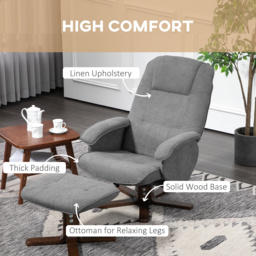 HOMCOM Linen Swivel Recliner Chair with Footstool, Upholstered Reclining Armchair with Wooden Base for Living Room, Cat Scratch Anti, Grey - Aosom UK - thumbnail 6