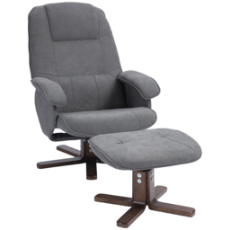 HOMCOM Linen Swivel Recliner Chair with Footstool, Upholstered Reclining Armchair with Wooden Base for Living Room, Cat Scratch Anti, Grey - Aosom UK