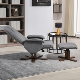 HOMCOM Linen Swivel Recliner Chair with Footstool, Upholstered Reclining Armchair with Wooden Base for Living Room, Cat Scratch Anti, Grey - Aosom UK - thumbnail 7
