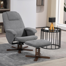 HOMCOM Linen Swivel Recliner Chair with Footstool, Upholstered Reclining Armchair with Wooden Base for Living Room, Cat Scratch Anti, Grey - Aosom UK - thumbnail 2