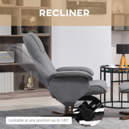 HOMCOM Linen Swivel Recliner Chair with Footstool, Upholstered Reclining Armchair with Wooden Base for Living Room, Cat Scratch Anti, Grey - Aosom UK - thumbnail 4