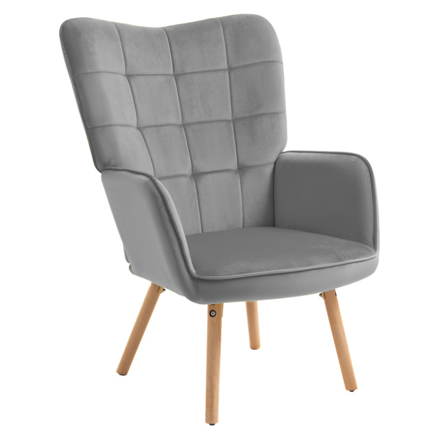 HOMCOM Modern Accent Chair Velvet-Touch Tufted Wingback Armchair Upholstered Leisure Lounge Sofa Club Chair with Wood Legs, Grey - image 1