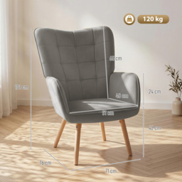 HOMCOM Modern Accent Chair Velvet-Touch Tufted Wingback Armchair Upholstered Leisure Lounge Sofa Club Chair with Wood Legs, Grey - thumbnail 3