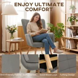 HOMCOM Modern Accent Chair Velvet-Touch Tufted Wingback Armchair Upholstered Leisure Lounge Sofa Club Chair with Wood Legs, Grey - thumbnail 4