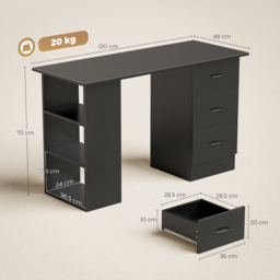 HOMCOM Computer Desk, Writing Table, PC Workstation with 3 Storage Shelves and Drawers, Handle, for Home Office, Black - thumbnail 3