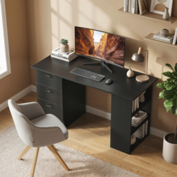 HOMCOM Computer Desk, Writing Table, PC Workstation with 3 Storage Shelves and Drawers, Handle, for Home Office, Black - thumbnail 2