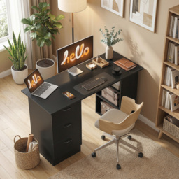 HOMCOM Computer Desk, Writing Table, PC Workstation with 3 Storage Shelves and Drawers, Handle, for Home Office, Black - thumbnail 7