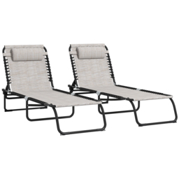 Outsunny 2 Piece Folding Sun Lounger Set, Beach Chaise Chair, 4 Position Adjustable, Garden Cot Camping Recliner, Cream White - Aosom UK - thumbnail 1