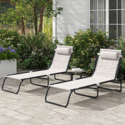 Outsunny 2 Piece Folding Sun Lounger Set, Beach Chaise Chair, 4 Position Adjustable, Garden Cot Camping Recliner, Cream White - Aosom UK - thumbnail 2