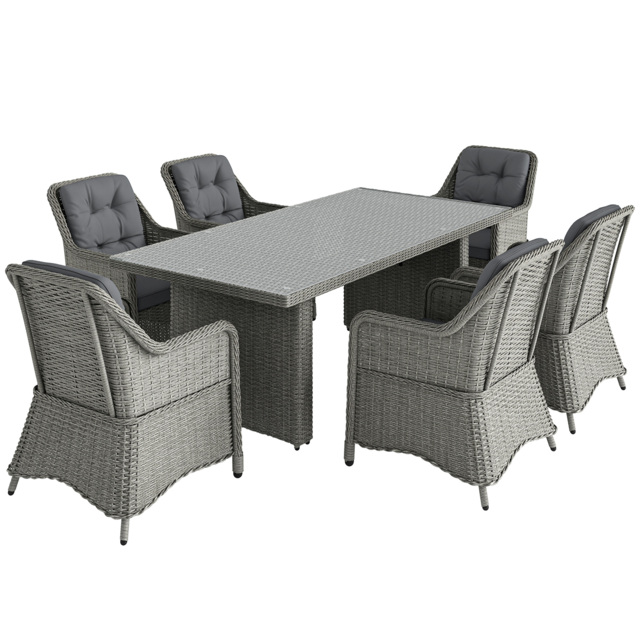 Outsunny 6 Seater Rattan Dining Set, Round PE Rattan Garden Furniture Set with Seat and Back Cushions, Aluminium Dining Table and Chairs with Cat Scratch Resistant Material, Grey - image 1